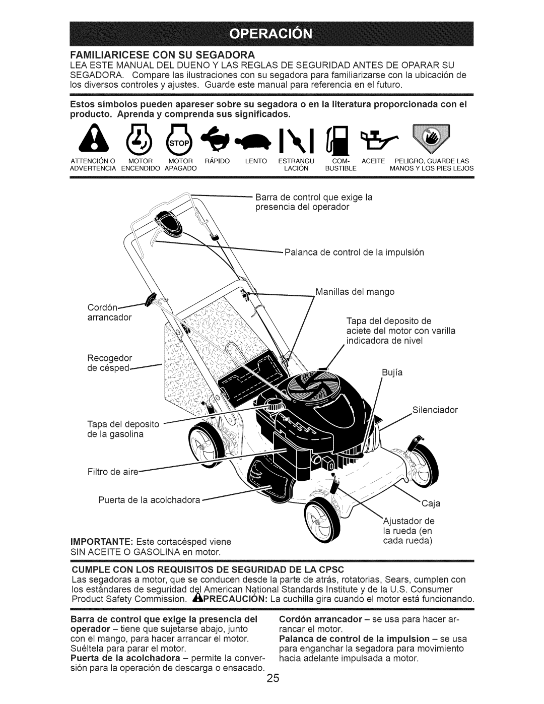 Craftsman 917.374090 manual Familiaricese CON SU Segadora, Producto. Aprenda y comprenda sus significados 