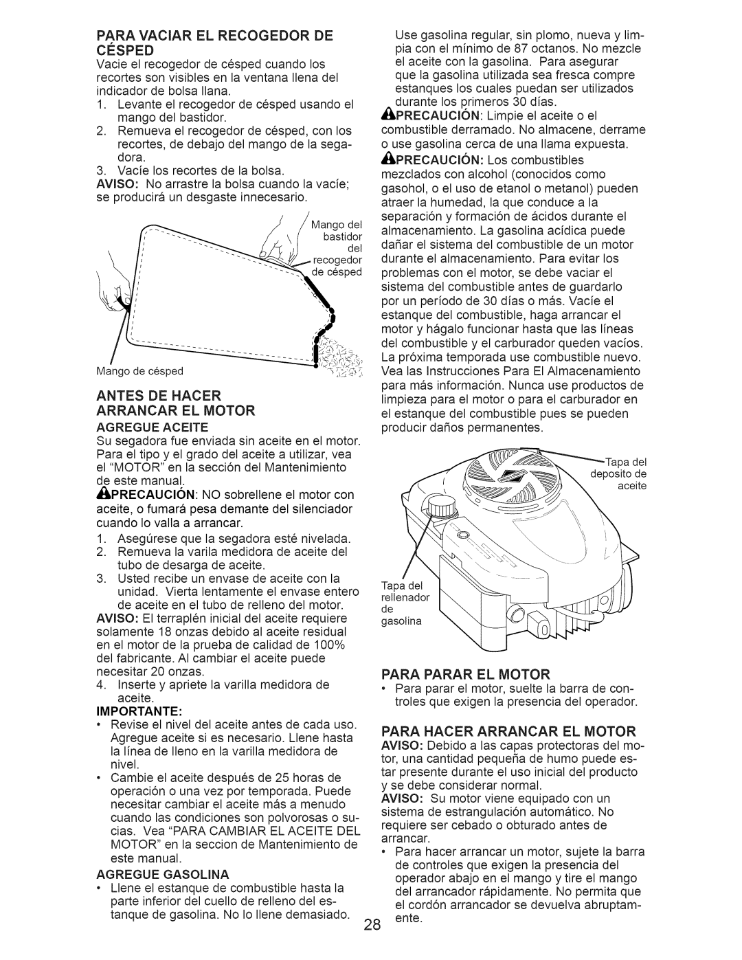 Craftsman 917.374090 manual Antes DE Hacer Arrancar EL Motor, Para Hacer Arrancar EL Motor, Importante 