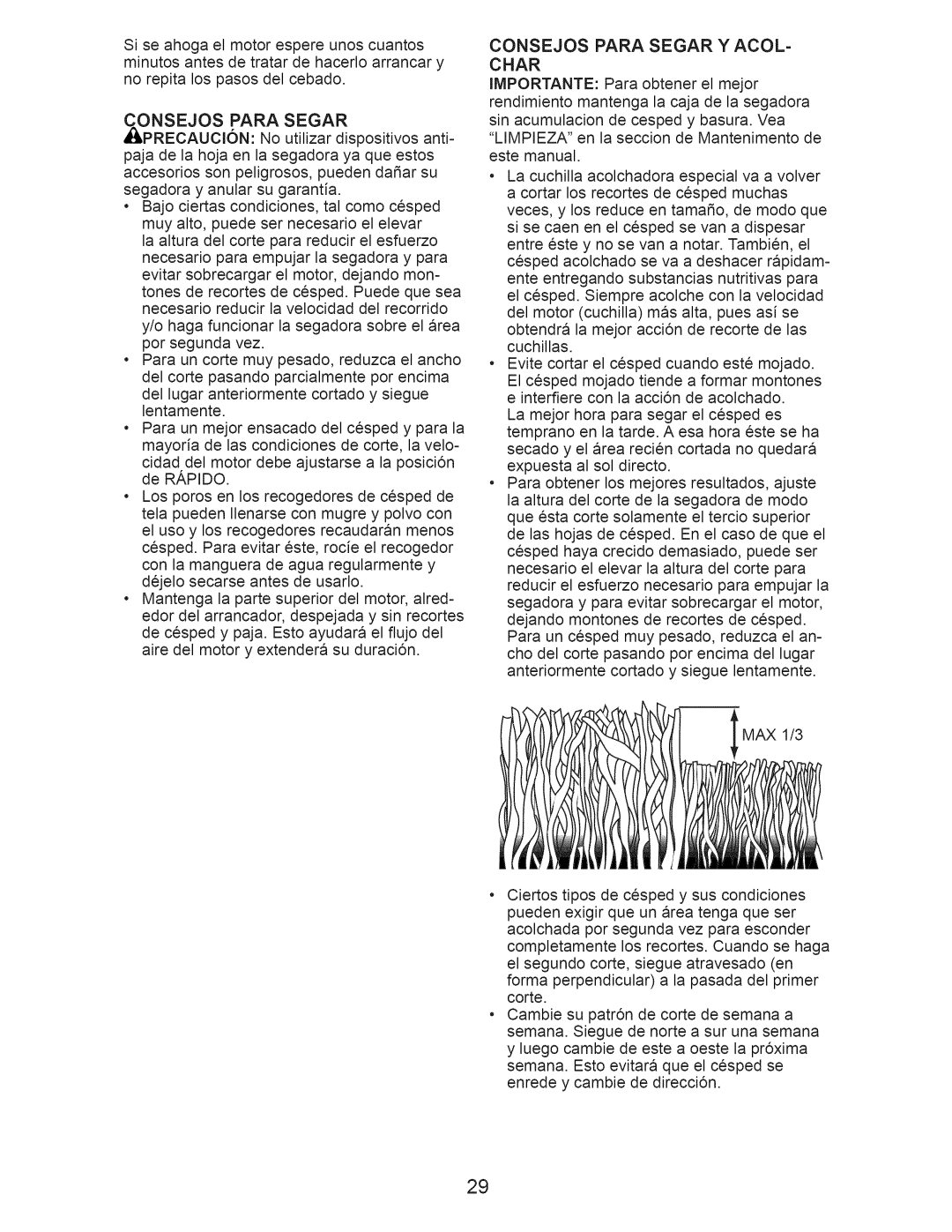 Craftsman 917.374090 manual Onsejos Para Segar, Consejos Para Segar Y ACOL- Char 