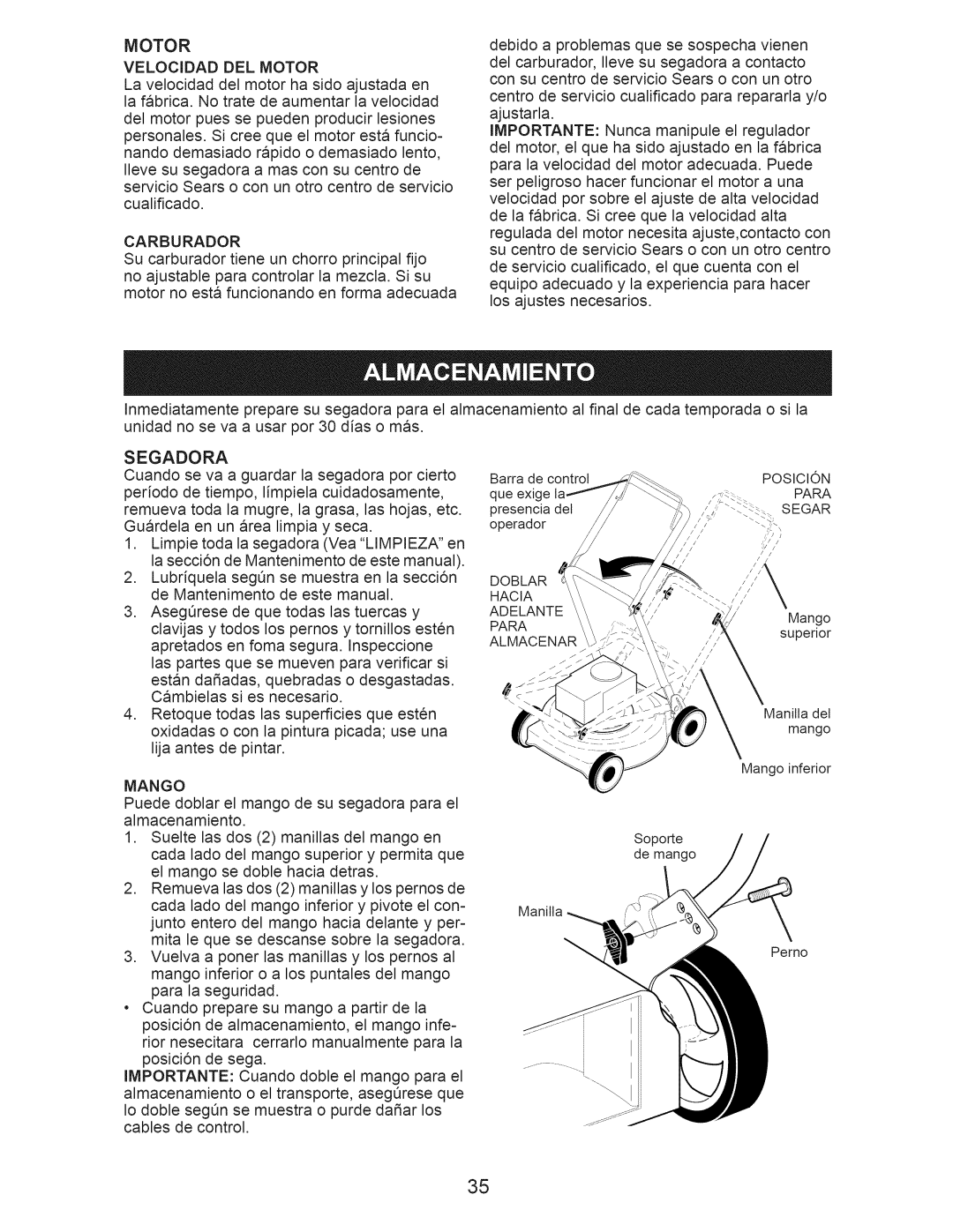 Craftsman 917.374090 manual Velocidad DEL Motor, Carburador, Mango 