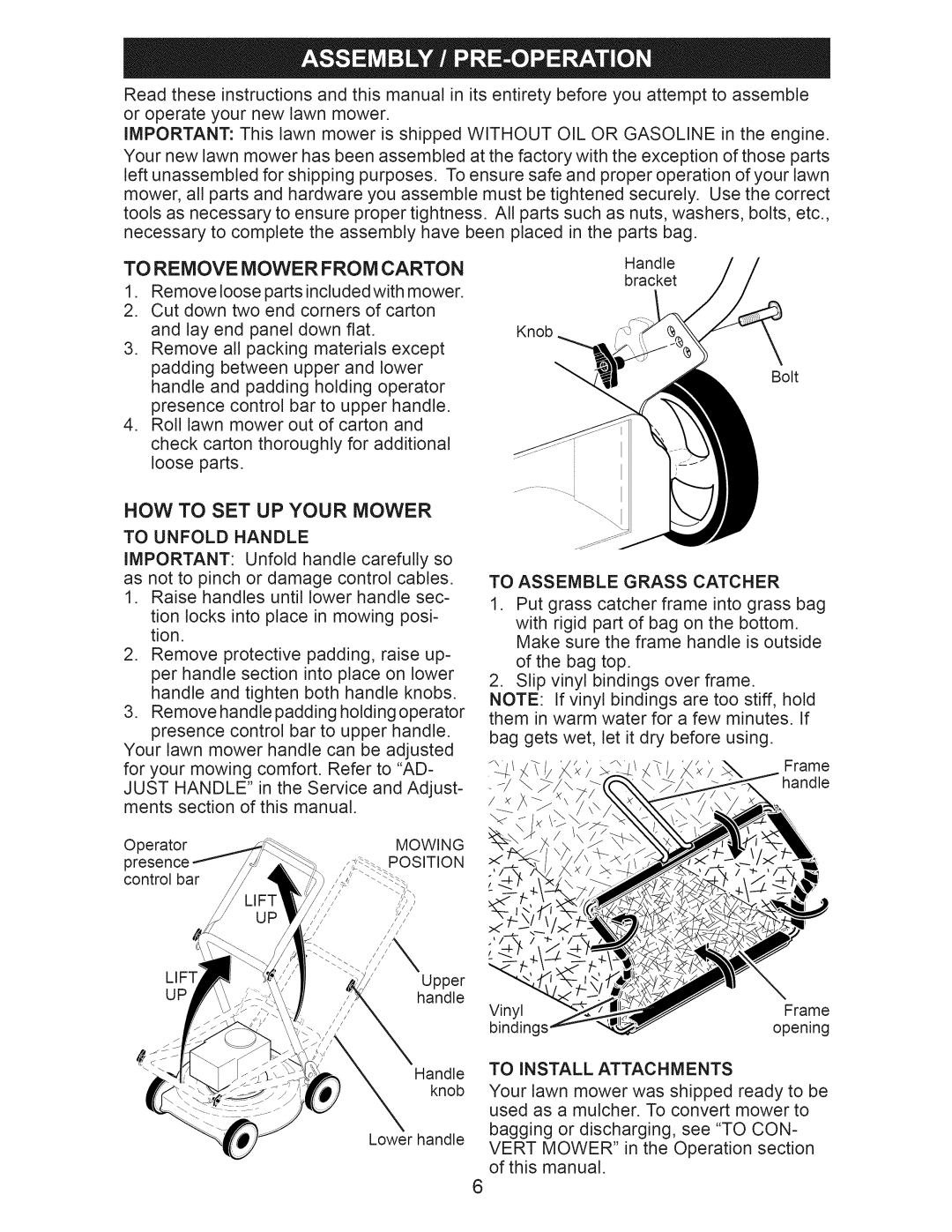 Craftsman 917.374090 manual To Remove Mower from Carton, To Unfold Handle, To Assemble Grass Catcher, Mowing, Position 