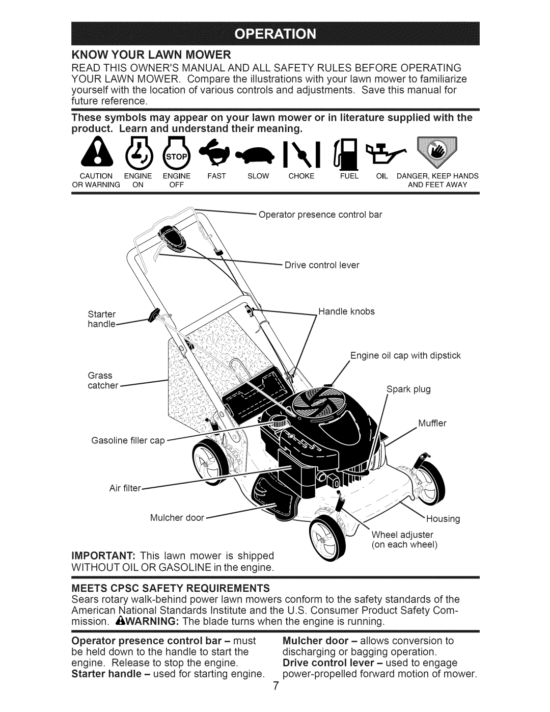 Craftsman 917.374090 manual Know Your Lawn Mower, Meets Cpsc Safety Requirements 