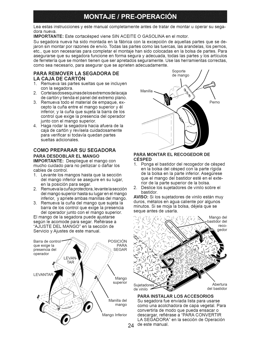 Craftsman 917.374091 owner manual Como Preparar SU Segadora 