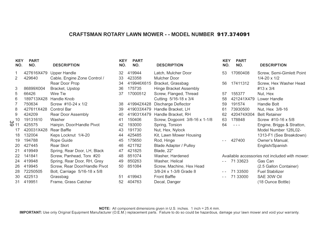 Craftsman 917.374091 owner manual Key, Part, Description, SAE 30W 