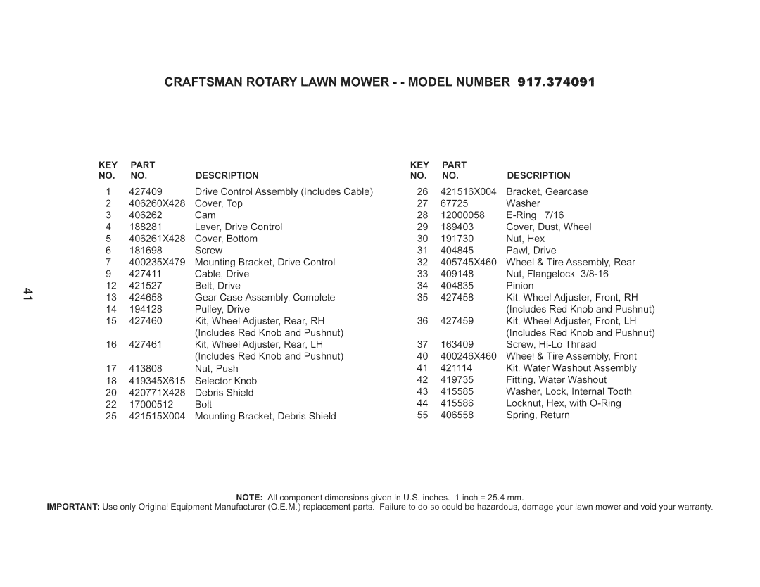 Craftsman 917.374091 owner manual KEY Part, DESCRiPTiON 