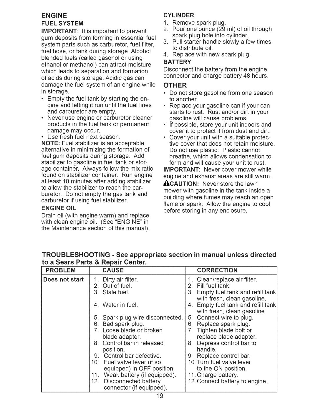 Craftsman 917.374100 owner manual Other, Fuel System, Cylinder, Battery, Problem Cause Correction 