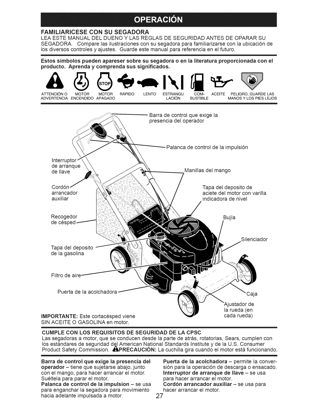 Craftsman 917.374100 owner manual Producto. Aprenda y comprenda sus significados, Control, ×ige la presencia del, Operador 