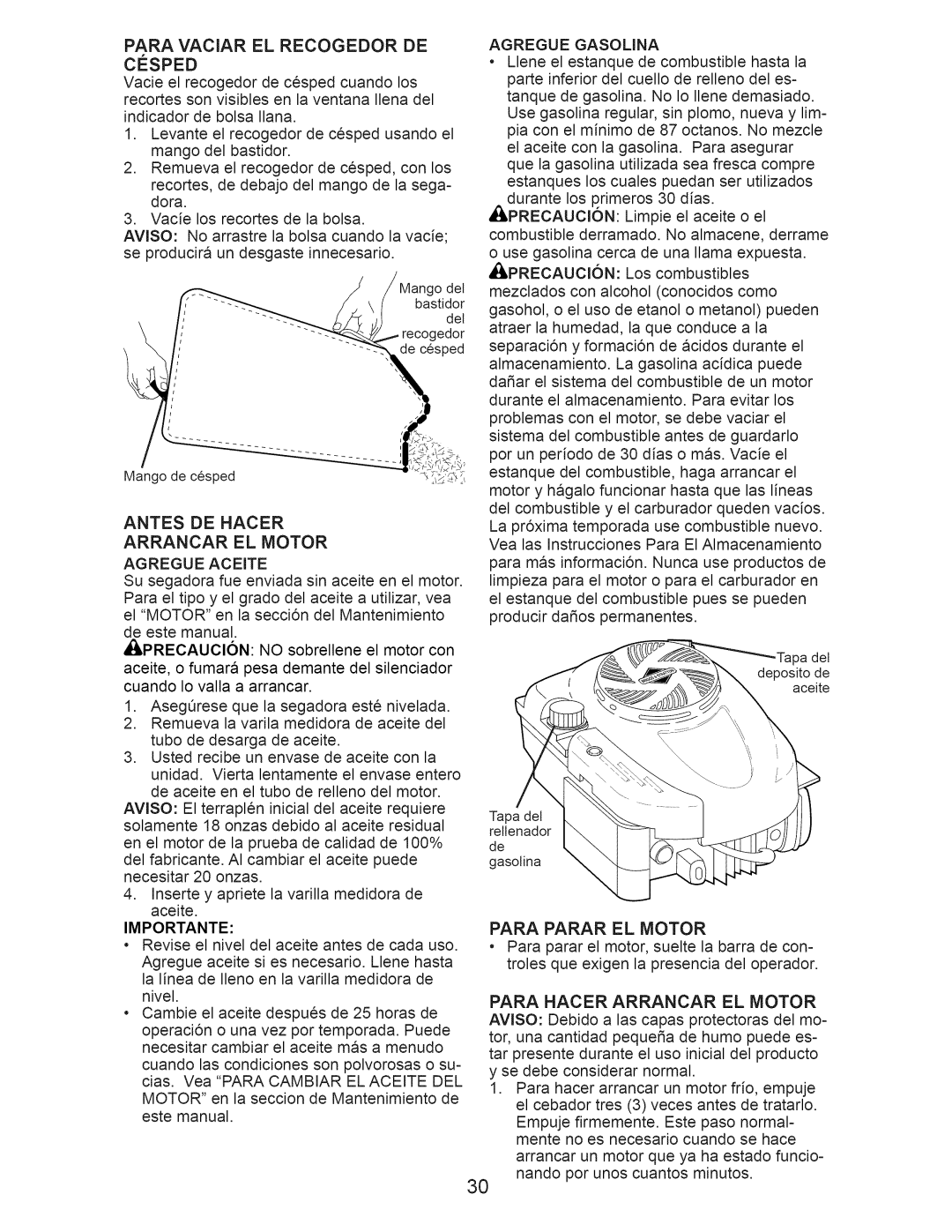 Craftsman 917.374100 Para Vaciar EL Recogedor DE Cosped, Antes DE Hacer Arrancar EL Motor Agregue Aceite, Agregue Gasolina 