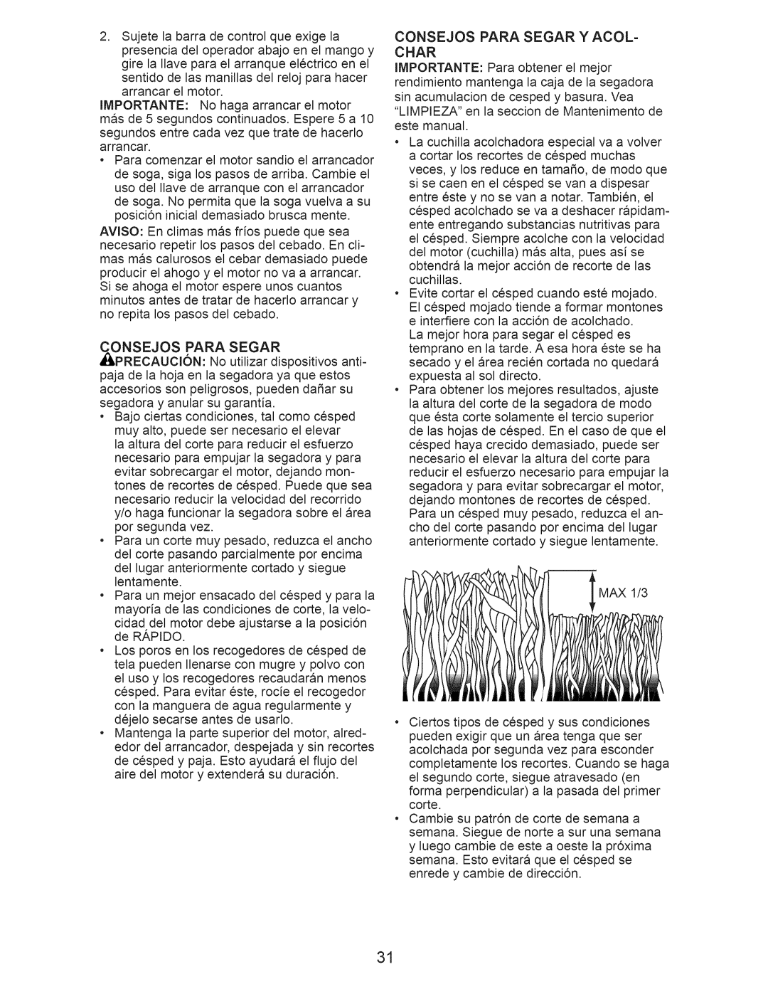 Craftsman 917.374100 owner manual Onsejos Para Segar, Consejos Para Segar Y ACOL- Char 