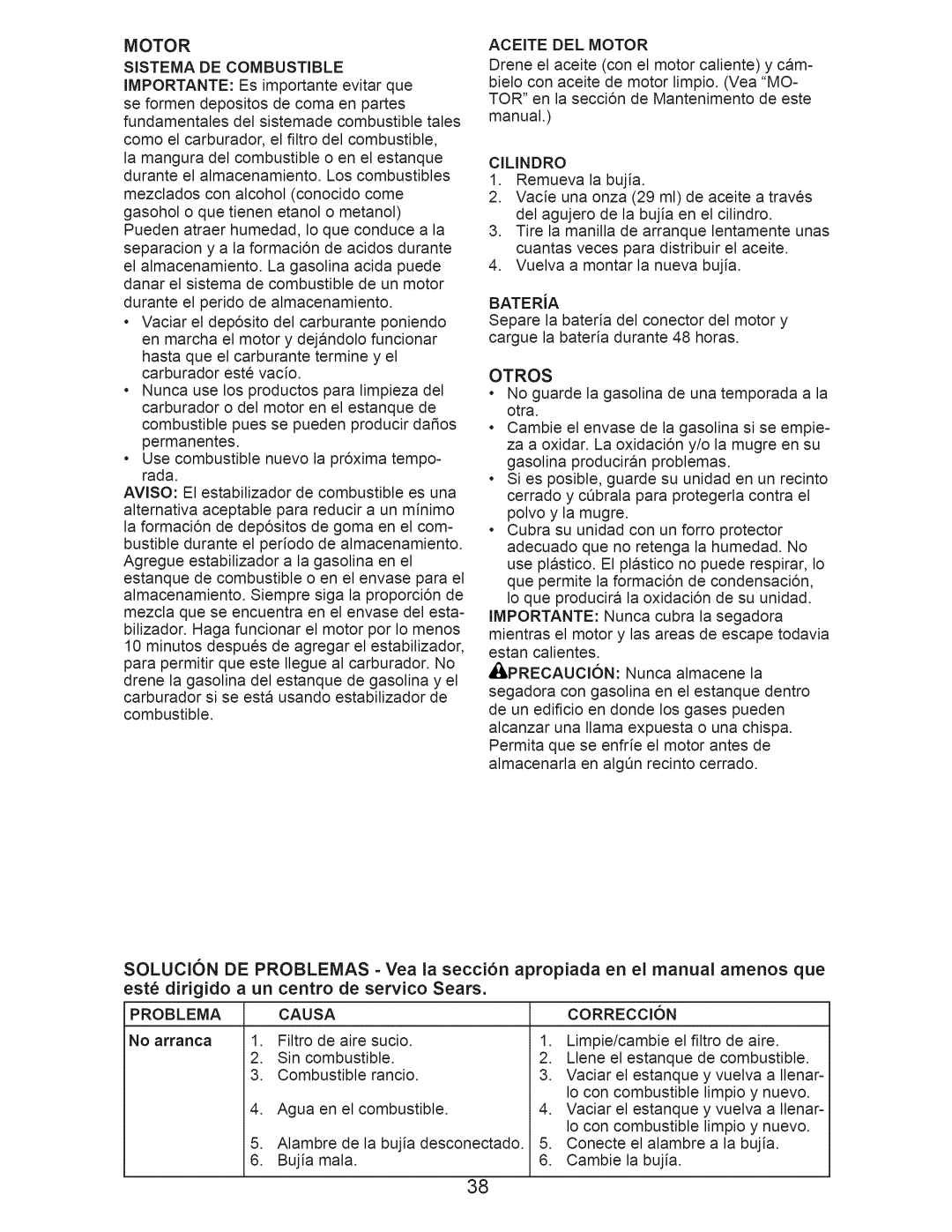 Craftsman 917.374100 owner manual Aceite DEL Motor, Cilindro, Otros, Problema Causa 