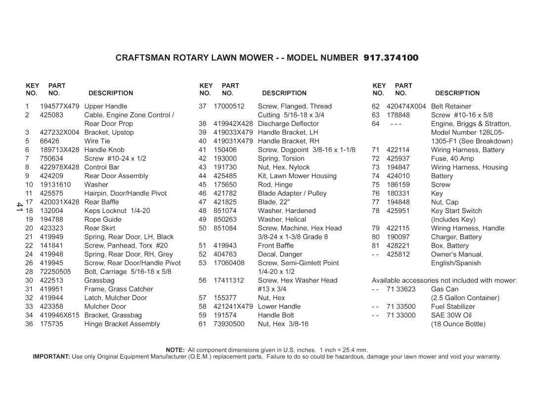 Craftsman 917.374100 owner manual Craftsman, Key, DESCRiPTiON, SAE 30W 