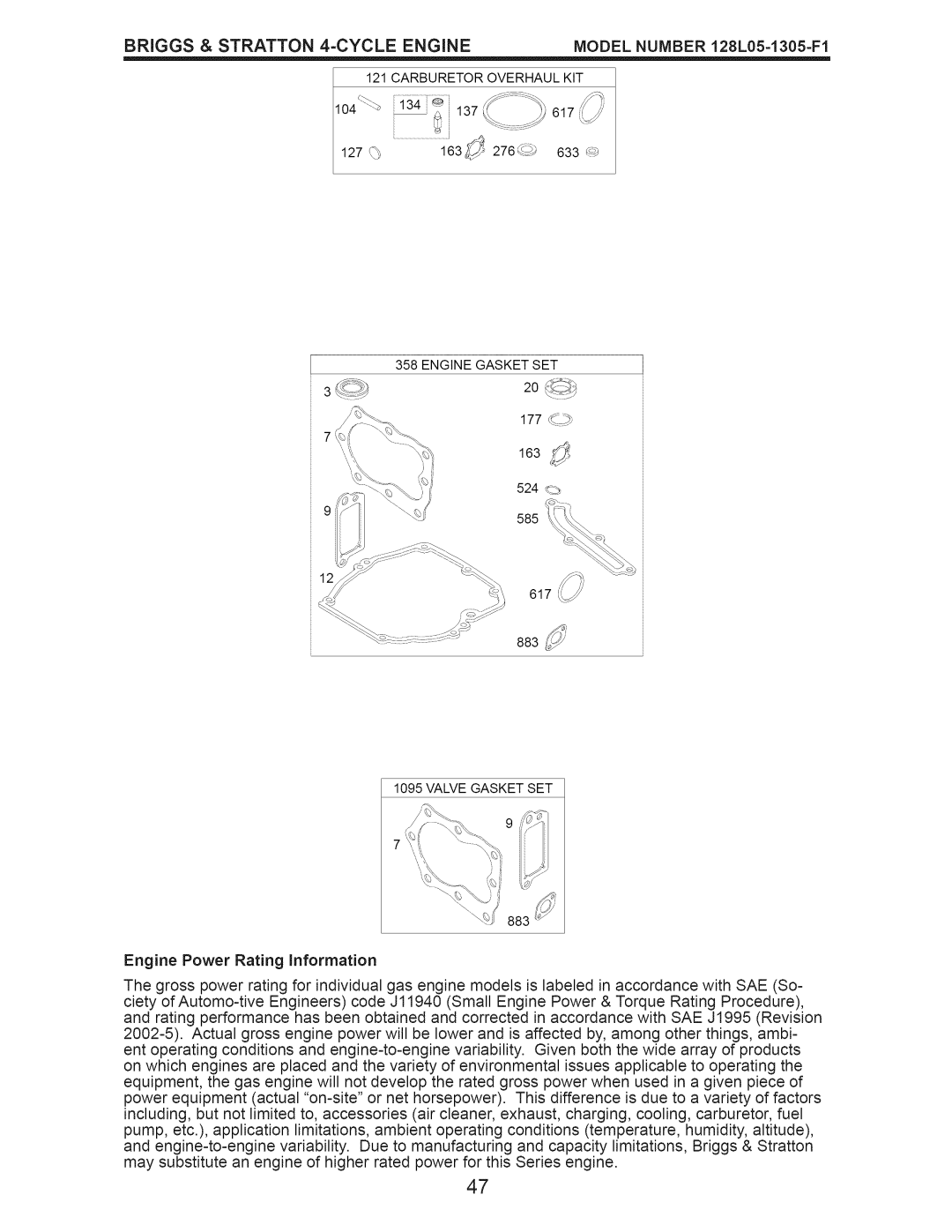 Craftsman 917.374100 owner manual Carburetoroverhaulkit 