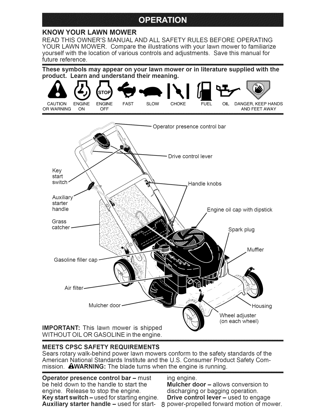 Craftsman 917.374100 owner manual Know Your Lawn Mower, Meets Cpsc Safety Requirements 