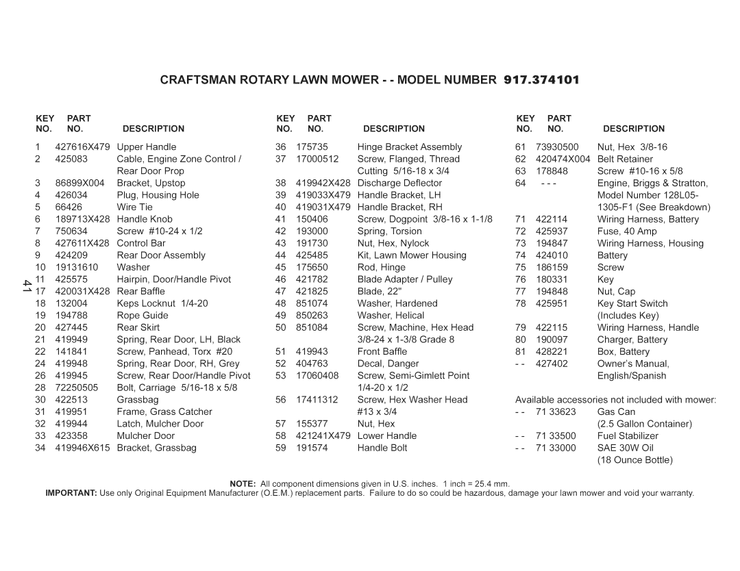 Craftsman 917.374101 manual Craftsman, Key, Description, DESCRiPTiON 