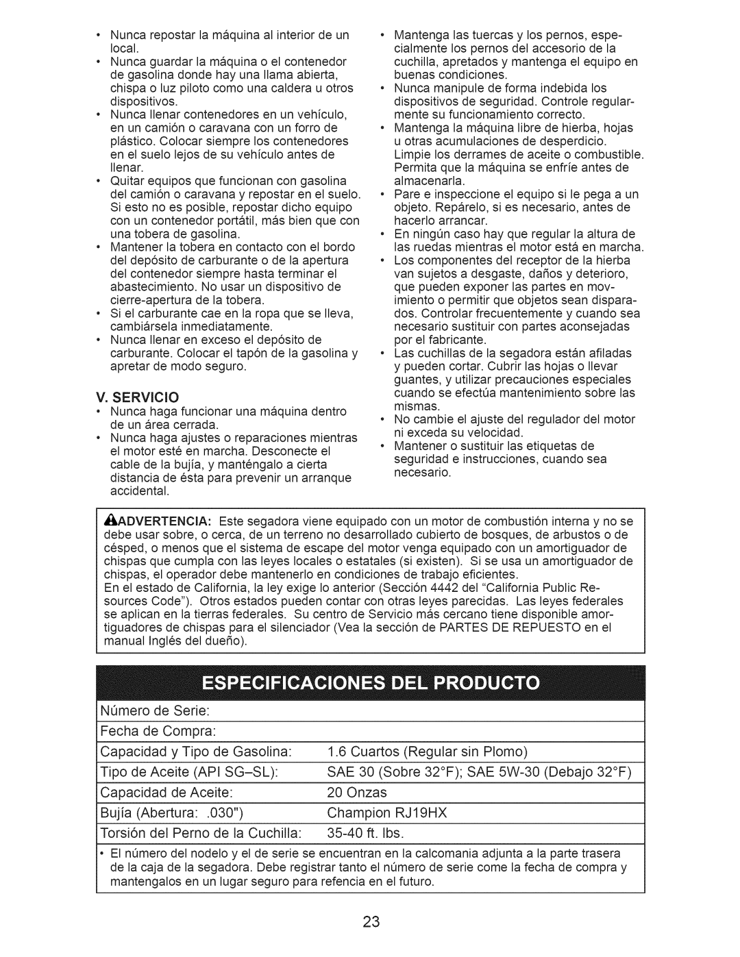Craftsman 917.374101 manual NOmero de Serie 