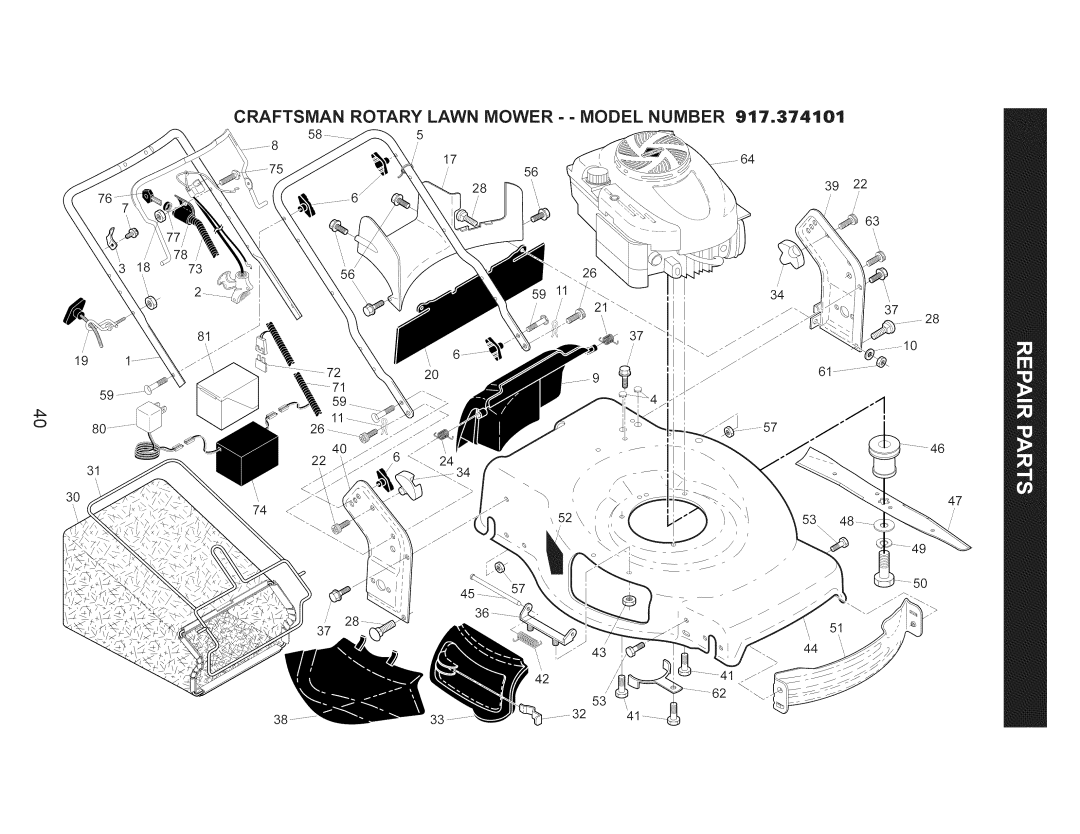 Craftsman 917.374101 manual Craftsman Rotary Lawn Mower - - Model Number, 39 7, 37 28, o 40 22 