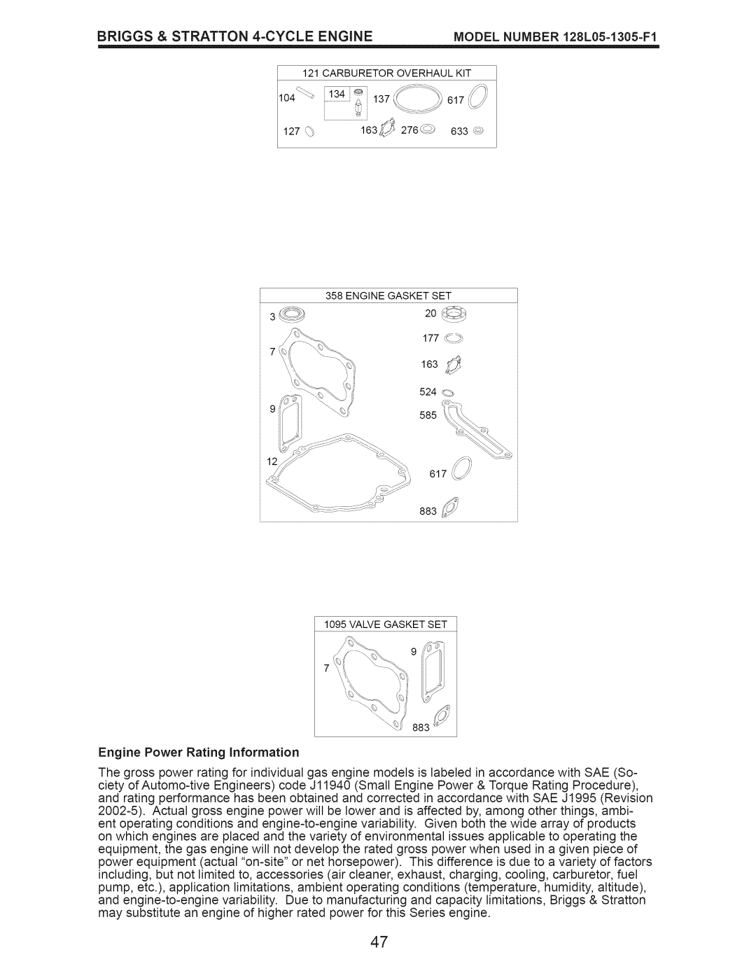 Craftsman 917.374102 owner manual Engine Gasket SET 