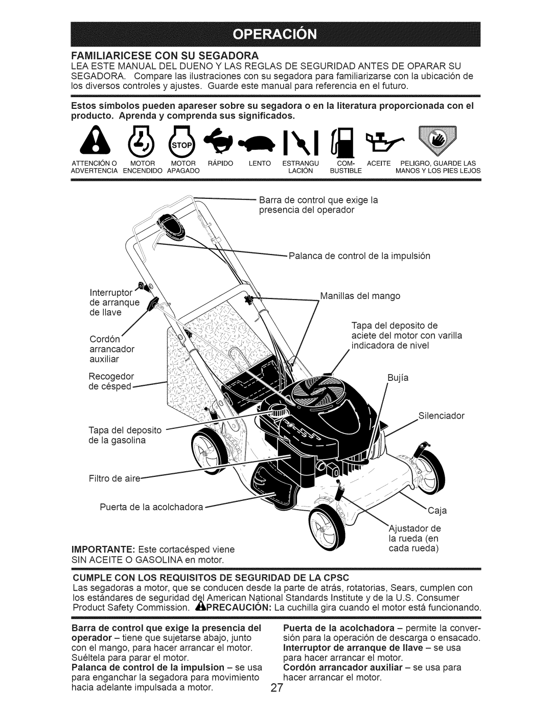 Craftsman 917.374103 owner manual Familiaricese CON SU Segadora, Producto. Aprenda y comprenda sus significados 