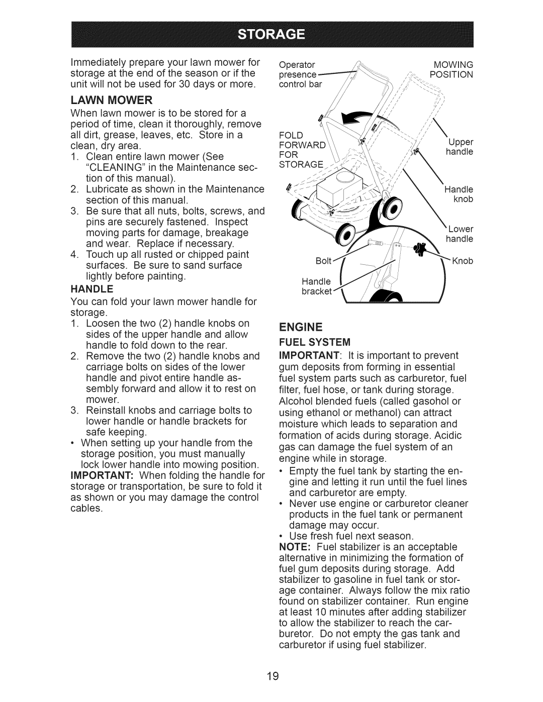 Craftsman 917.374110 owner manual Handle, Fuel System, Fold, Storage 