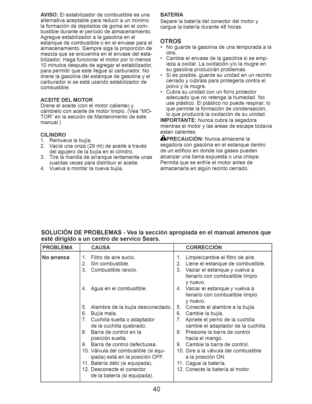 Craftsman 917.374110 owner manual Aceite DEL Motor, Otros, Problema Causa 