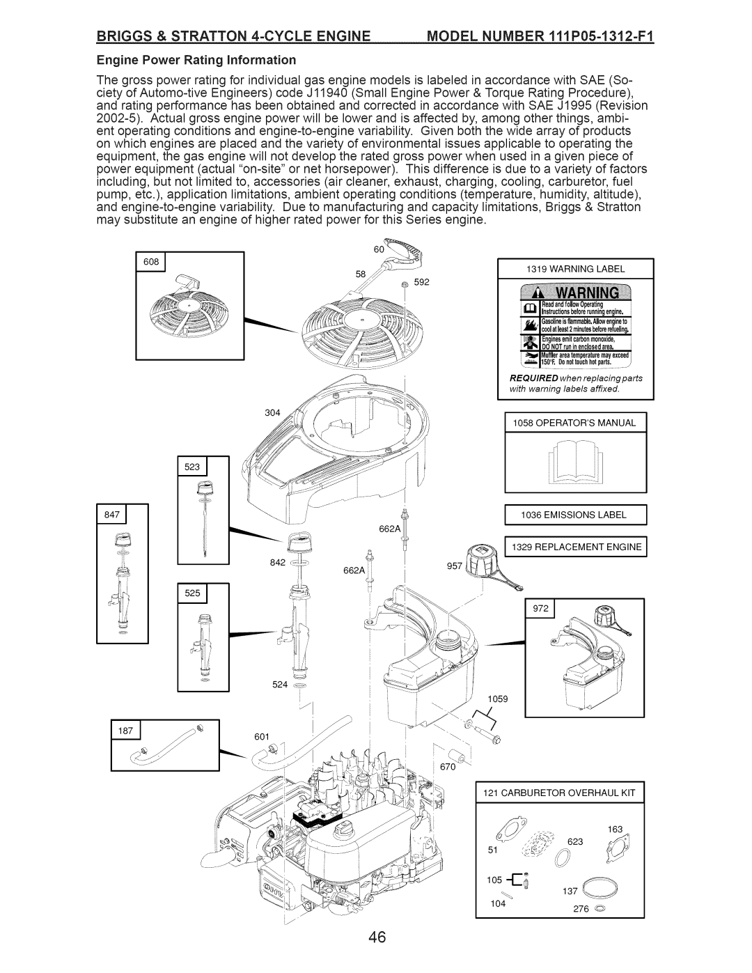 Craftsman 917.374110 owner manual Briggs & Stratton 4-CYCLE Engine, Model Number 111P05-1312-F1 