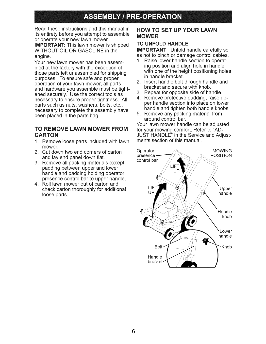 Craftsman 917.374110 owner manual To Remove Lawn Mower from Carton, To Unfold Handle 