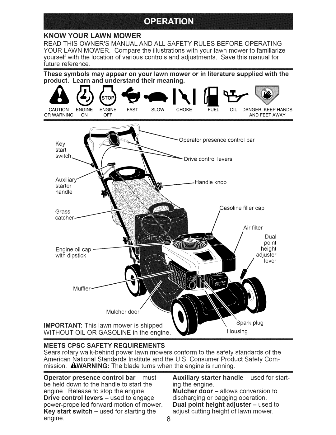 Craftsman 917.374110 owner manual Know Your Lawn Mower, Meets Cpsc Safety Requirements, Without OIL or Gasoline 