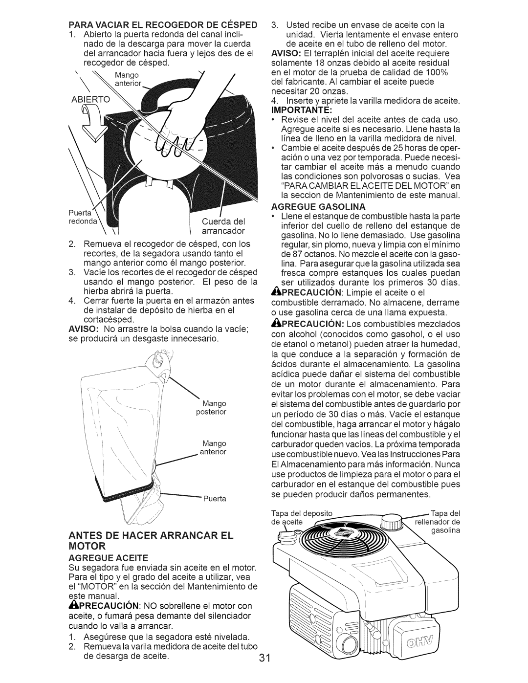 Craftsman 917.374110 owner manual Antes De Hacer Arrancar El Motor, Importante 