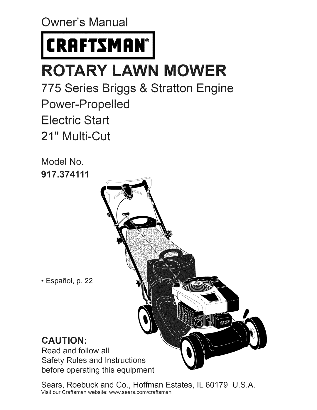 Craftsman manual Read and follow all, •Espa_ol, p, Craftsman, Rotary Lawn Mower, Owners Manual, Model No 917.374111 