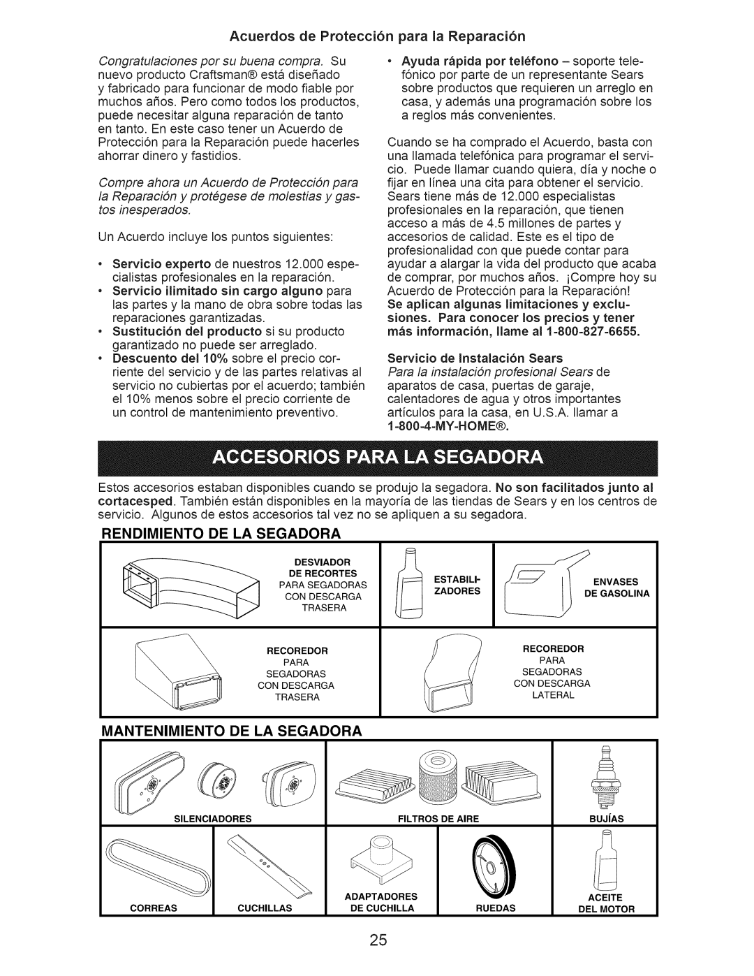 Craftsman 37411 manual Acuerdos de Protecci6n para la Reparaci6n, Rendimiento De La Segadora, Mantenimiento De La Segadora 