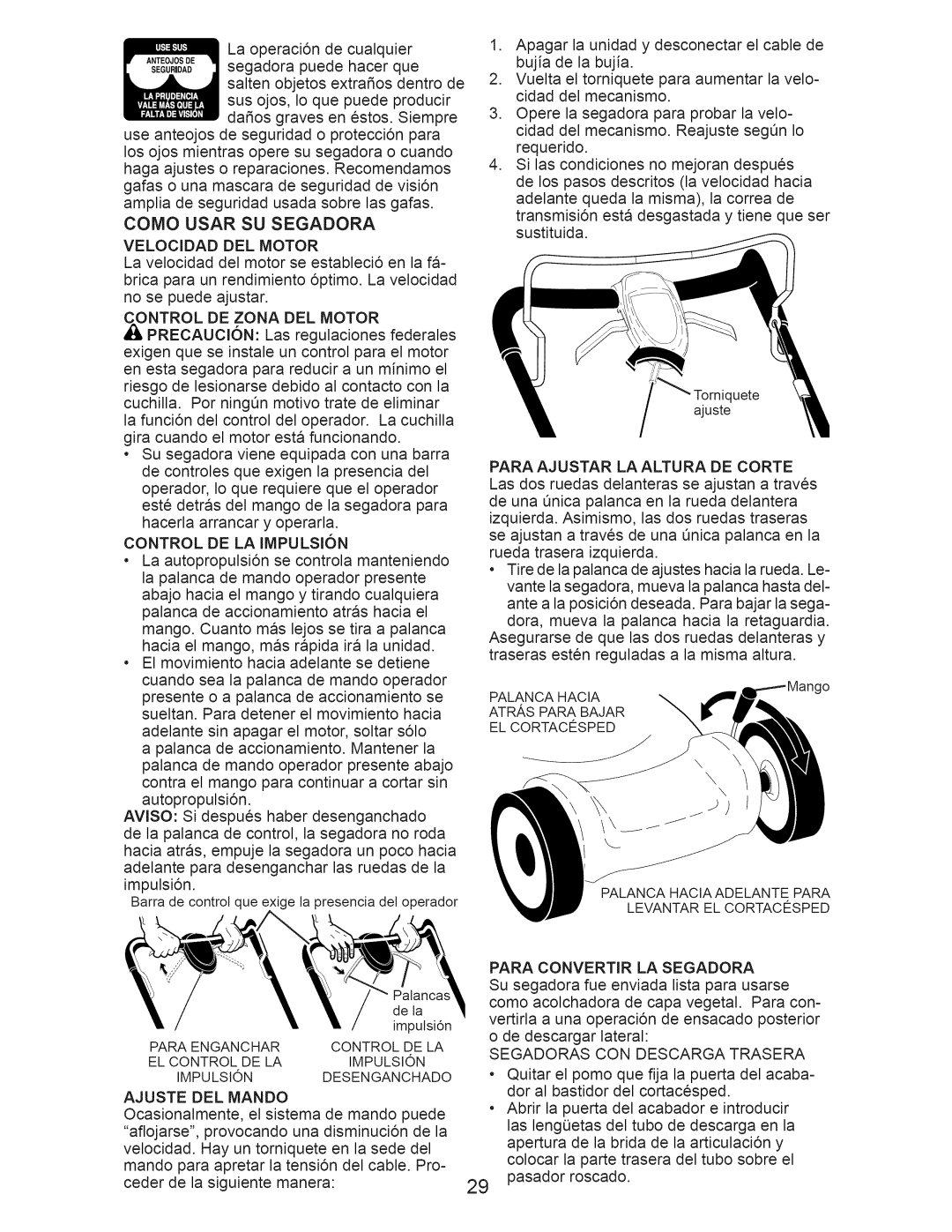 Craftsman 917.374111 manual Como Usar Su Segadora 