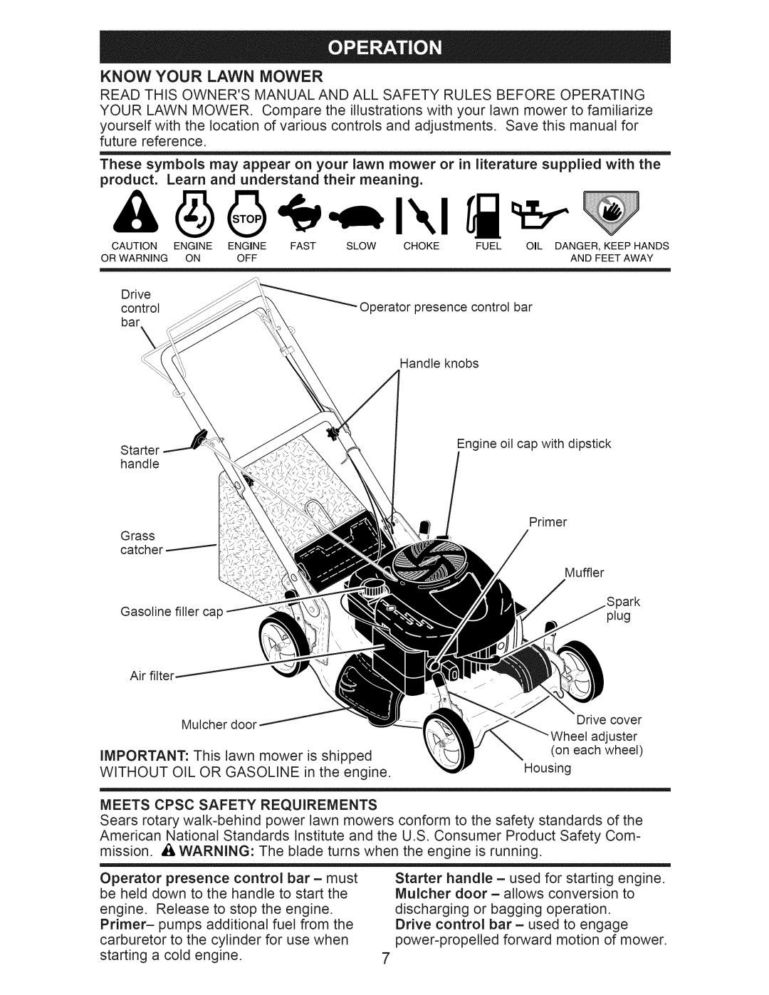 Craftsman 917.374150 owner manual Know Your Lawn Mower, Meets Cpsc Safety Requirements 