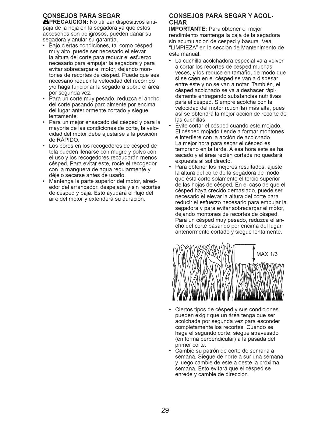 Craftsman 917.374160 owner manual Onsejos Para Segar, Consejos Para Segar Y ACOL- Char 