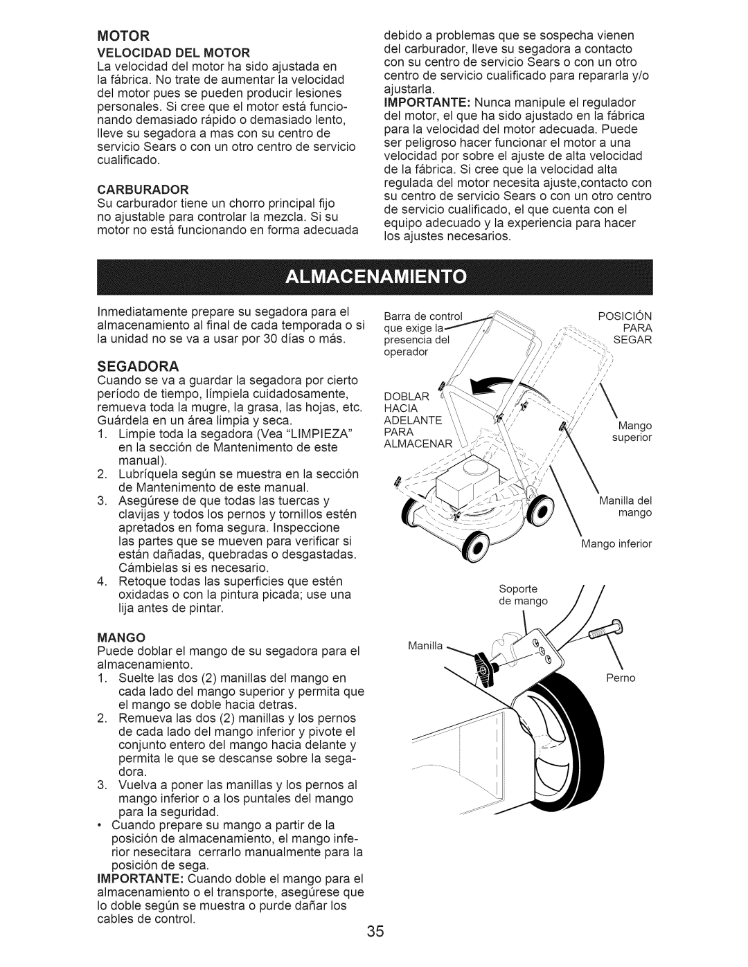 Craftsman 917.374160 owner manual Velocidad DEL Motor, Carburador, Segadora, Mango 