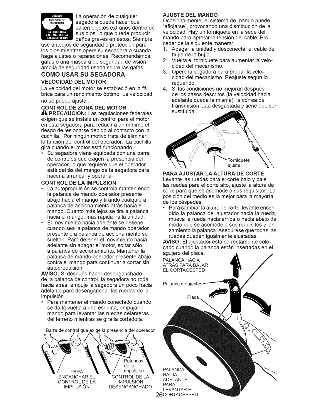 Craftsman 917.374350 manual Como Usar SU Segadora, Velocidad DEL Motor, Control DE LA IMPULSI6N, Ajuste DEL Mando 