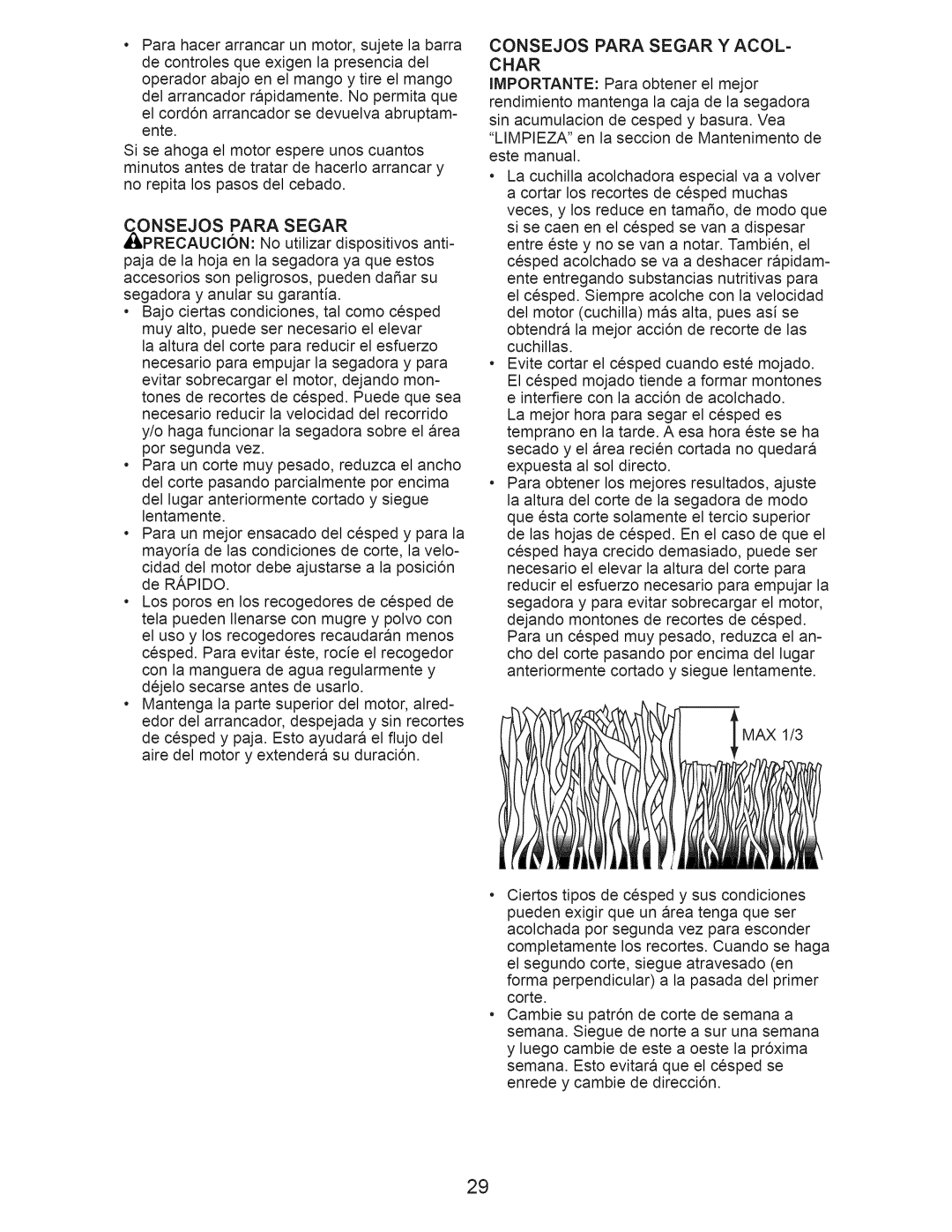 Craftsman 917.374350 manual Onsejos Para Segar, Consejos Para Segar Y ACOL- Char 