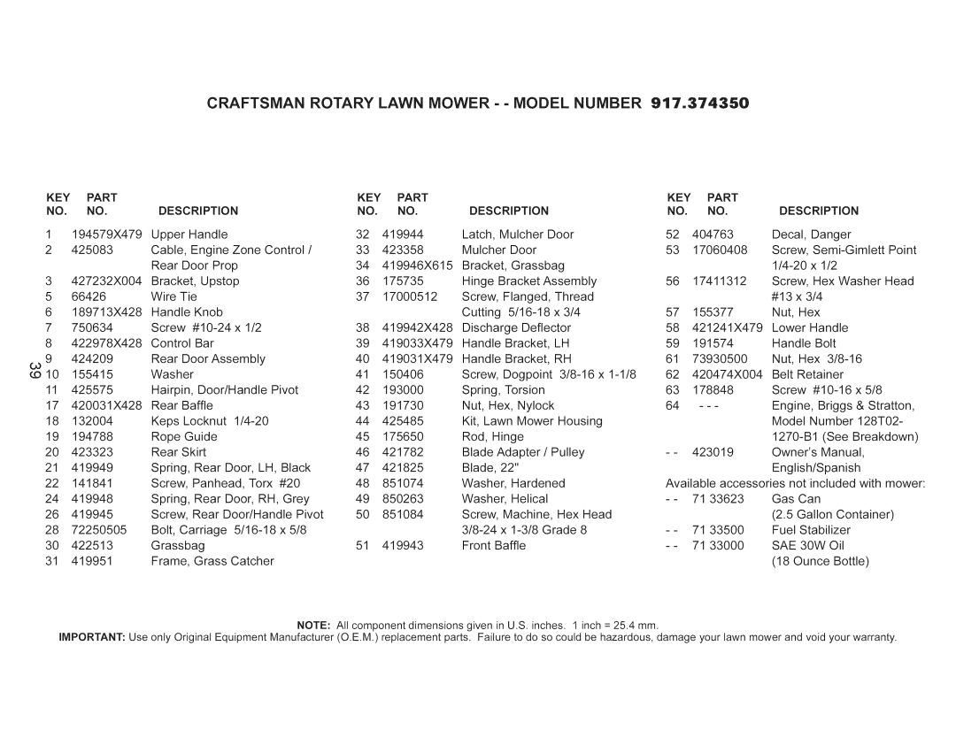 Craftsman 917.374350 manual KEY Part, DESCRiPTiON 