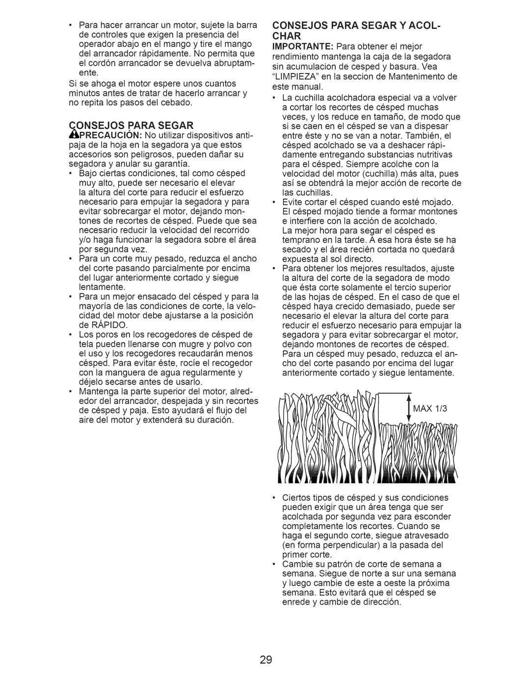 Craftsman 917.374351 manual Onsejos Para Segar, Consejos Para Segar Y ACOL- Char 