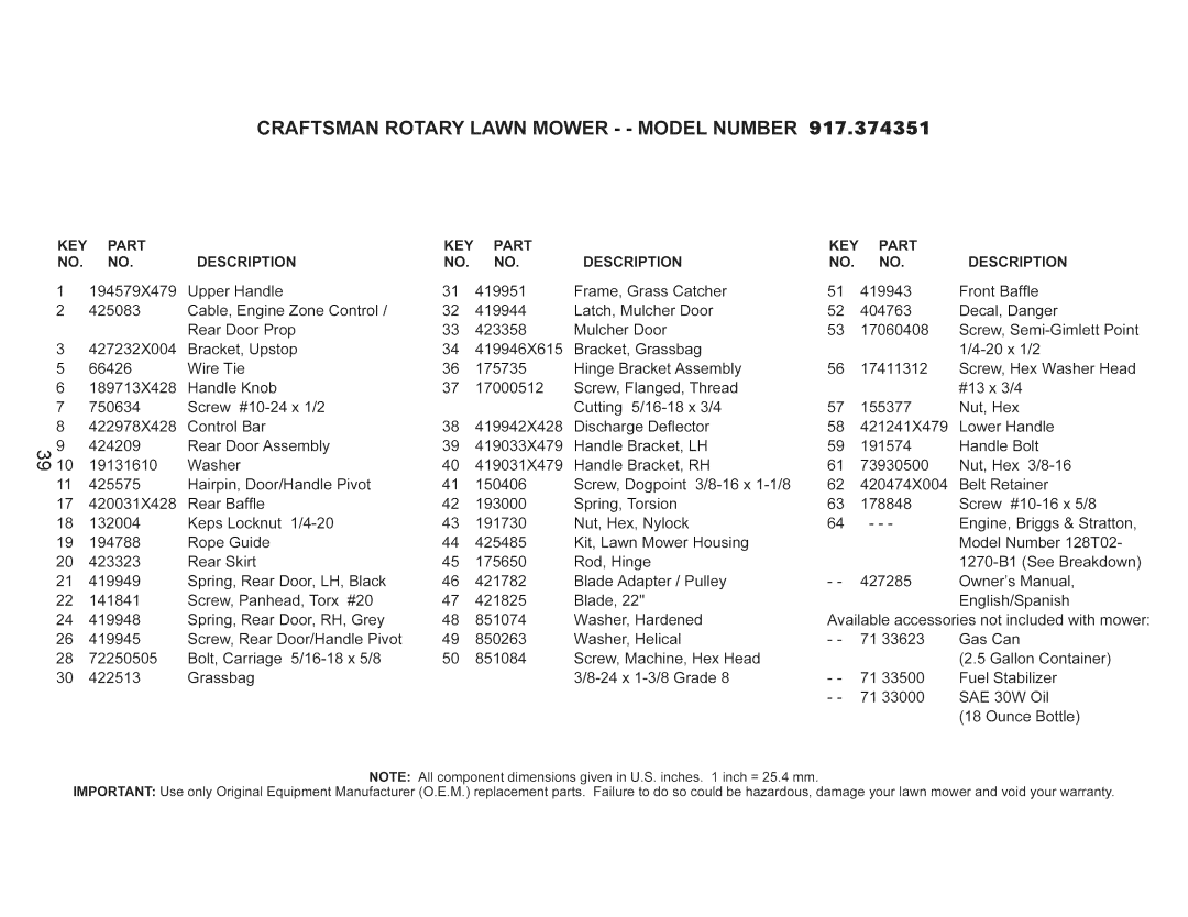 Craftsman 917.374351 manual KEY Part, DESCRiPTiON 