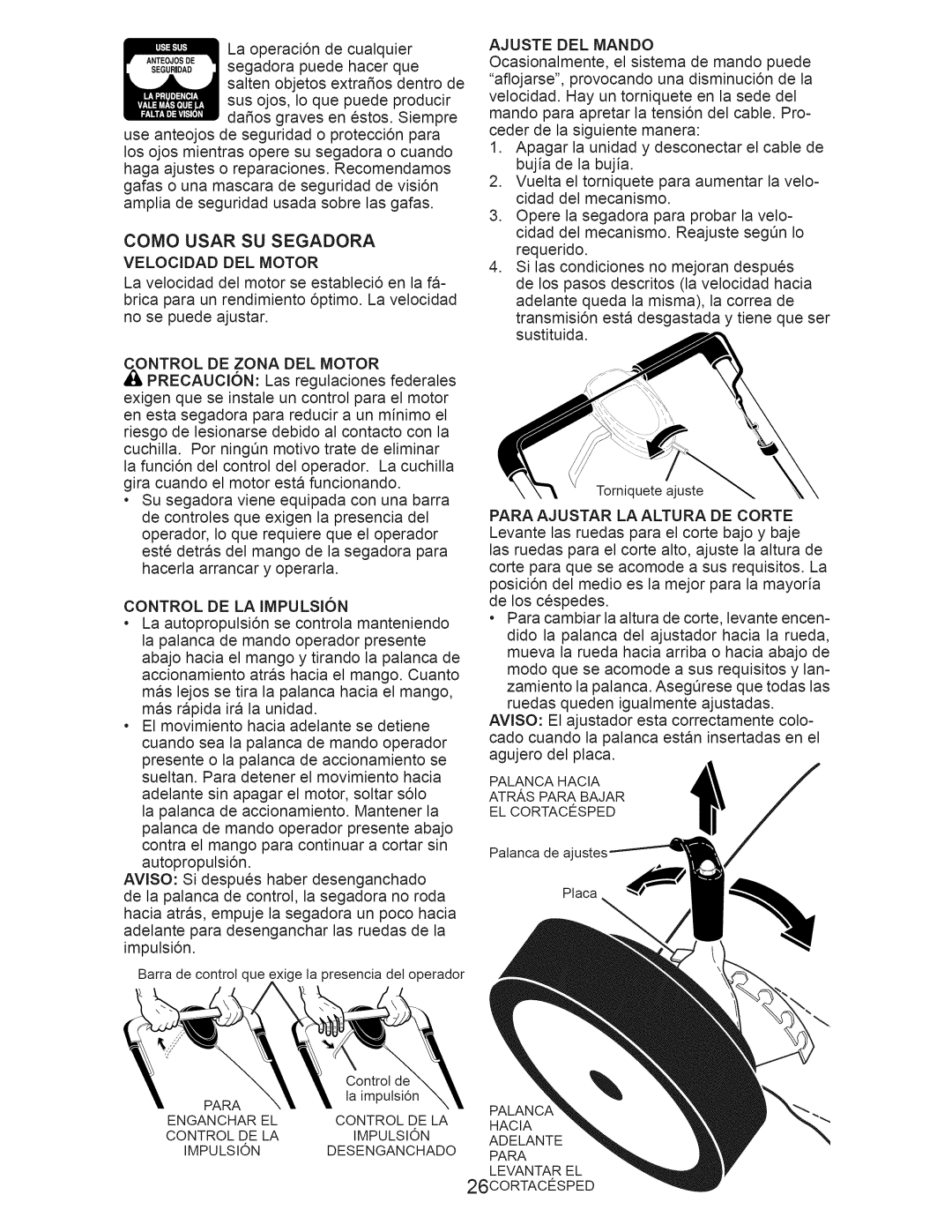 Craftsman 917.374352 owner manual Como Usar SU Segadora, Velocidad DEL Motor, Impulsi6n 