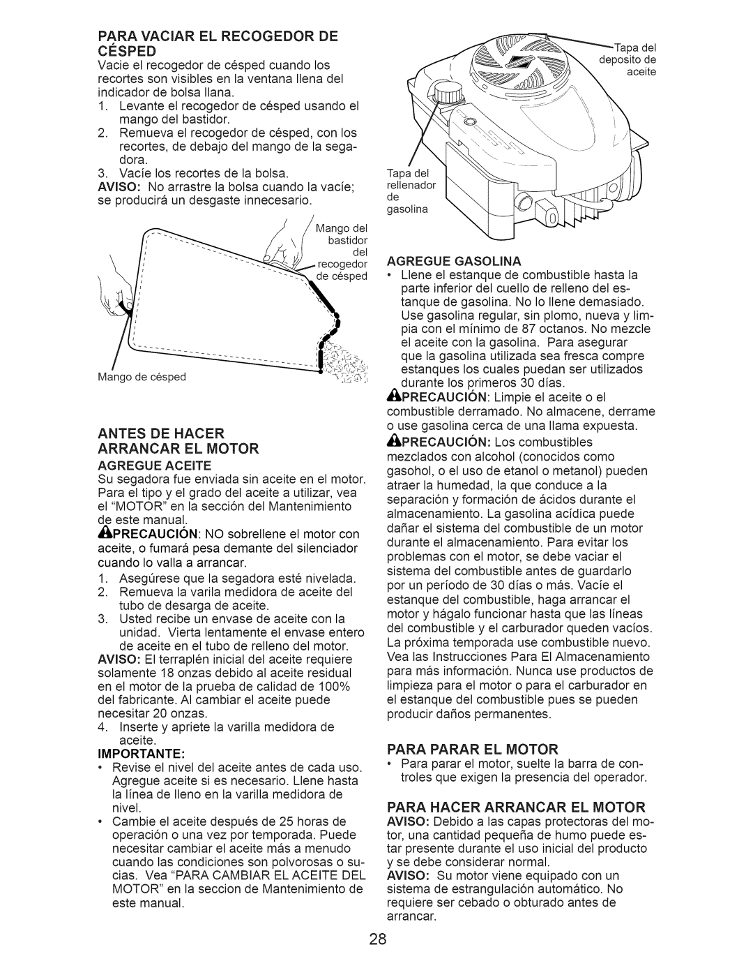 Craftsman 917.374352 owner manual Antes DE Hacer Arrancar EL Motor, Importante, Para Parar EL Motor 