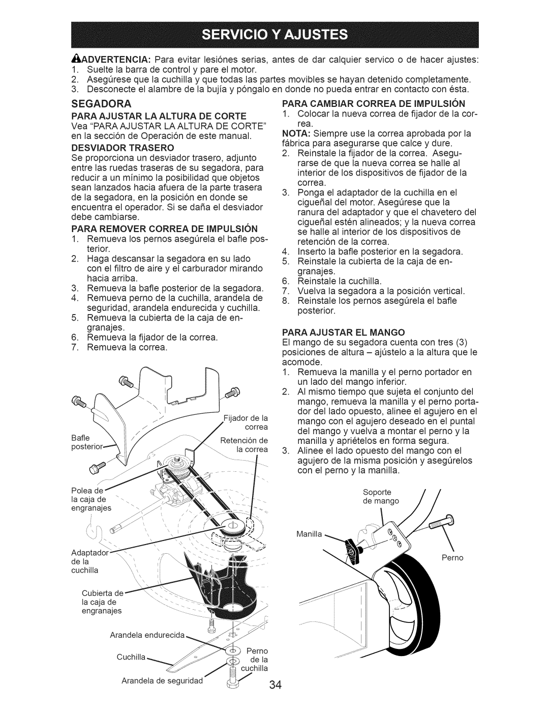Craftsman 917.374352 owner manual Segadora, LA Altura DE Corte, Desviador Trasero, Para Remover Correa DE Impulsion 