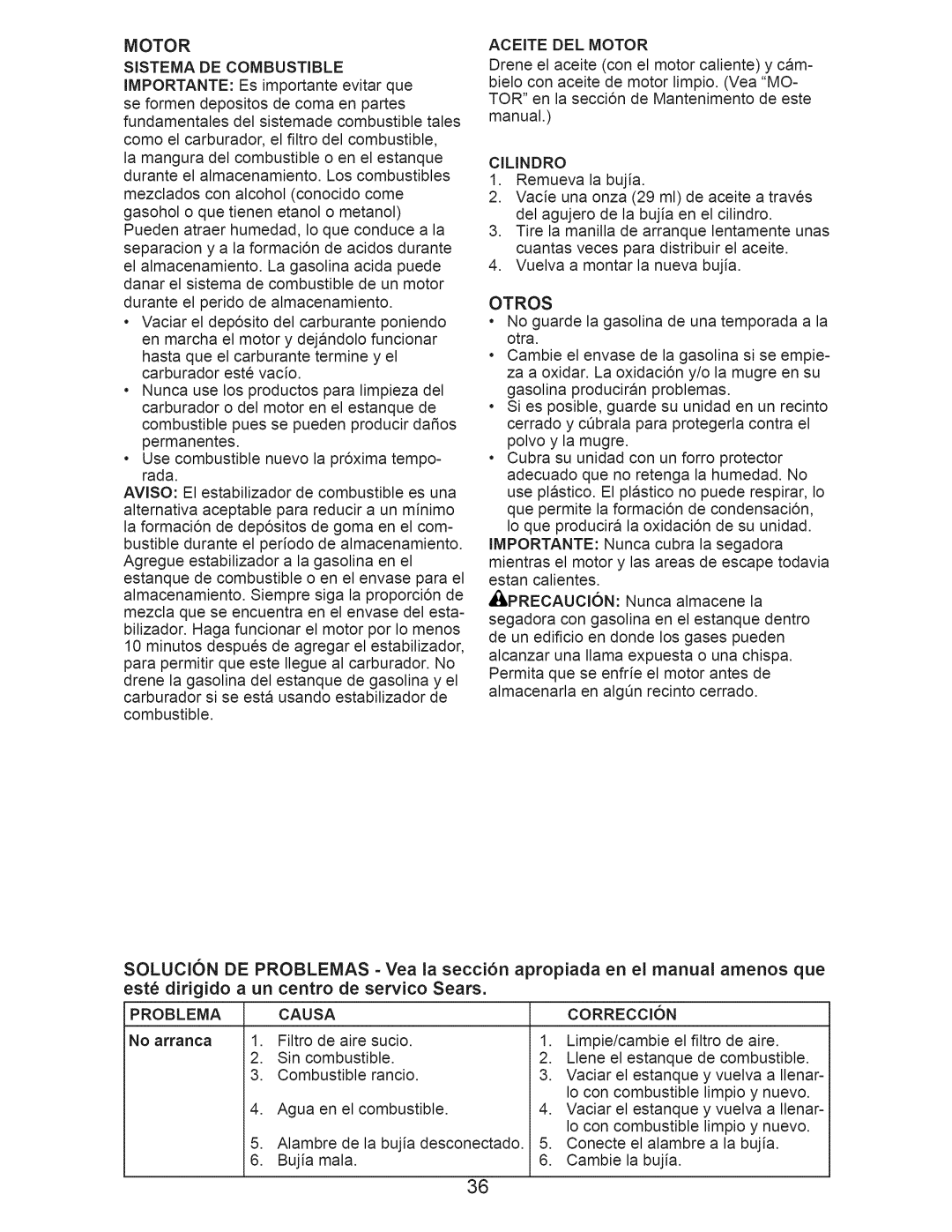 Craftsman 917.374352 owner manual Aceite DEL Motor, Cilindro, Otros, Problema Causa 