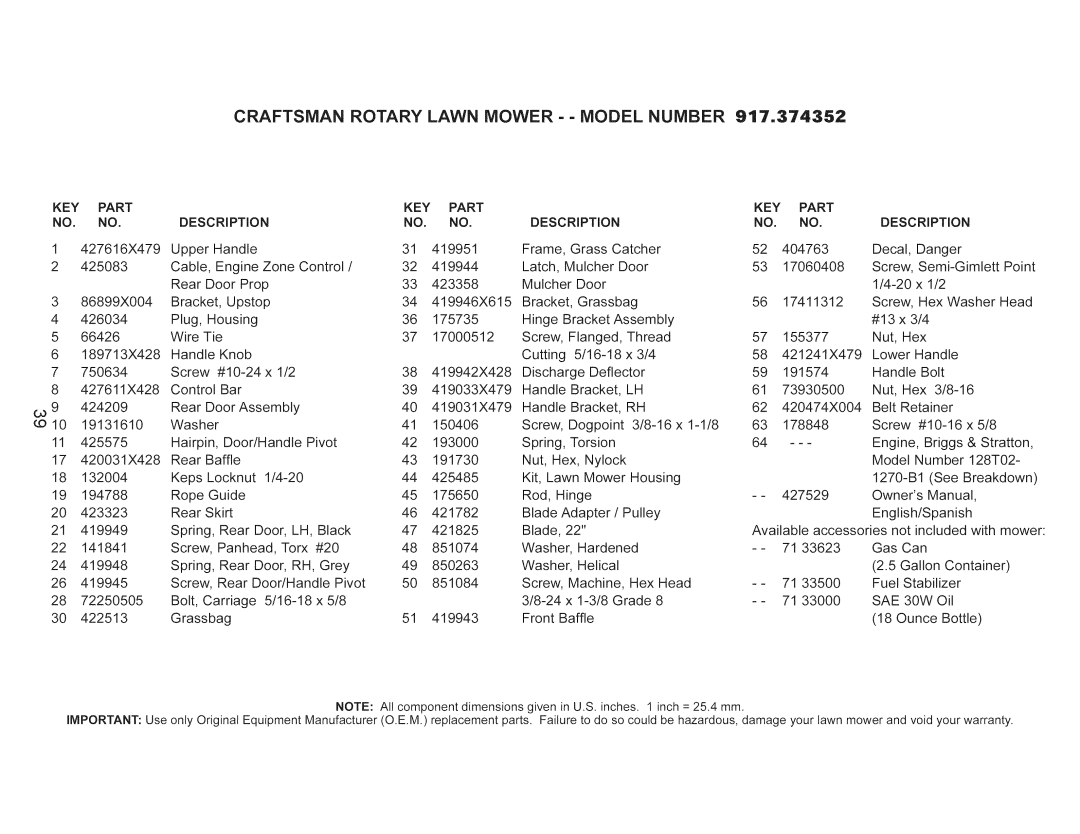 Craftsman 917.374352 owner manual Key, Part, SAE 30W 