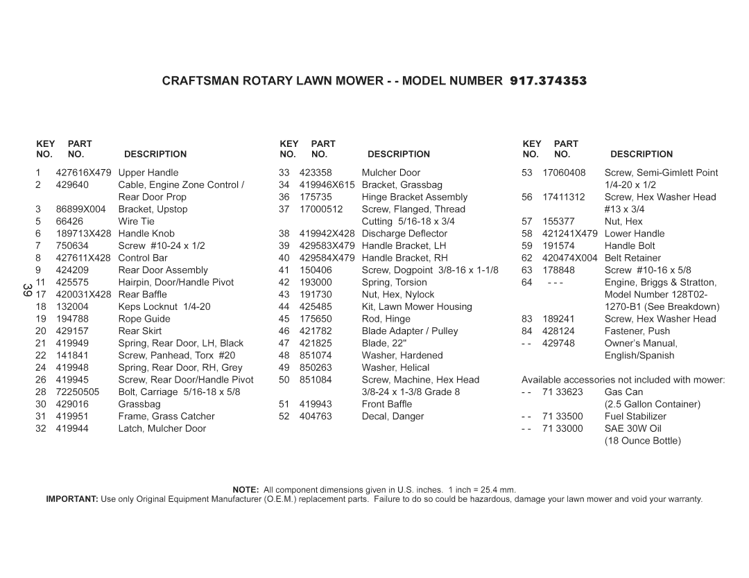 Craftsman 917.374353 owner manual Craftsman Rotary Lawn Mower - Model Number 917o374353, KEY Part Description 