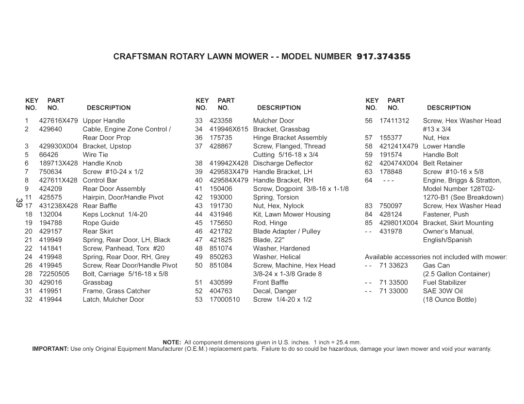 Craftsman 917.374355 manual Key, Part, SAE 30W 