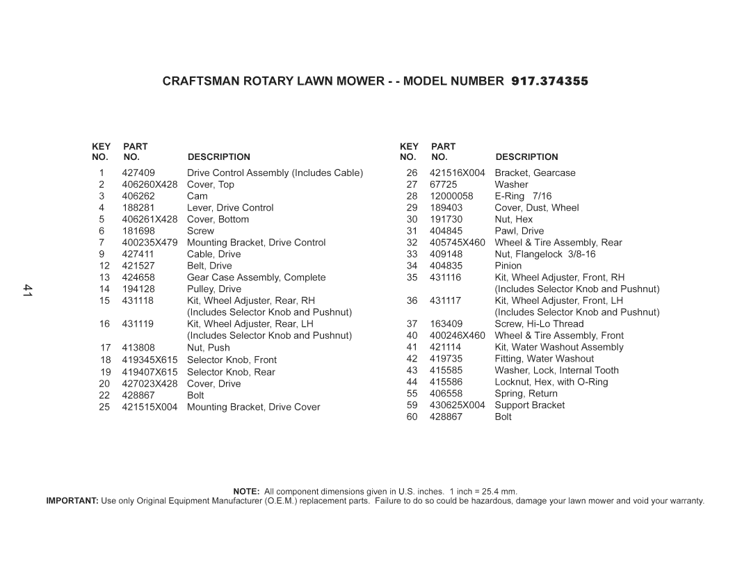 Craftsman 917.374355 manual KEY Part, Description 