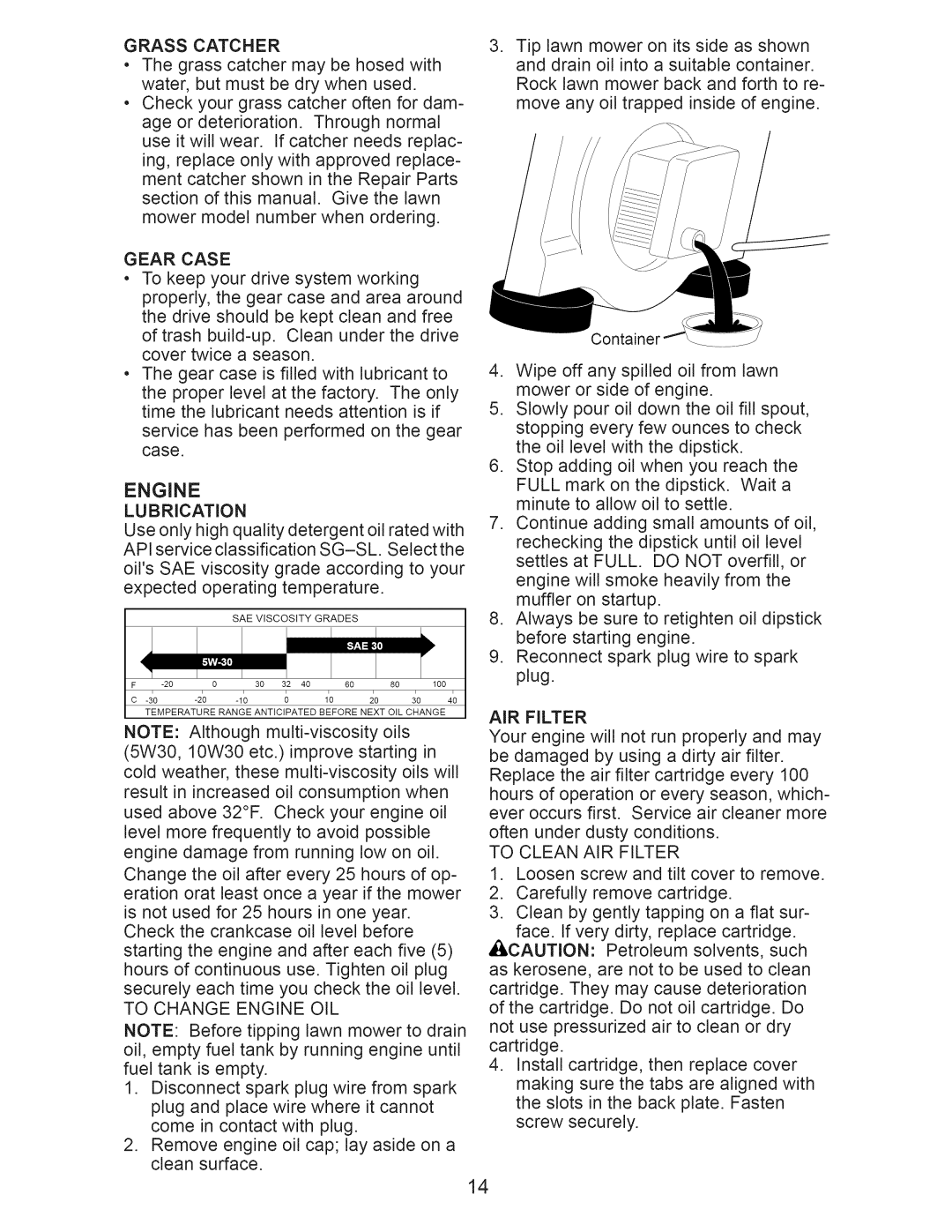 Craftsman 917.374358 Grass Catcher, Gear Case, Engine Lubrication, To Change Engine OIL, To Clean AIR Filter 