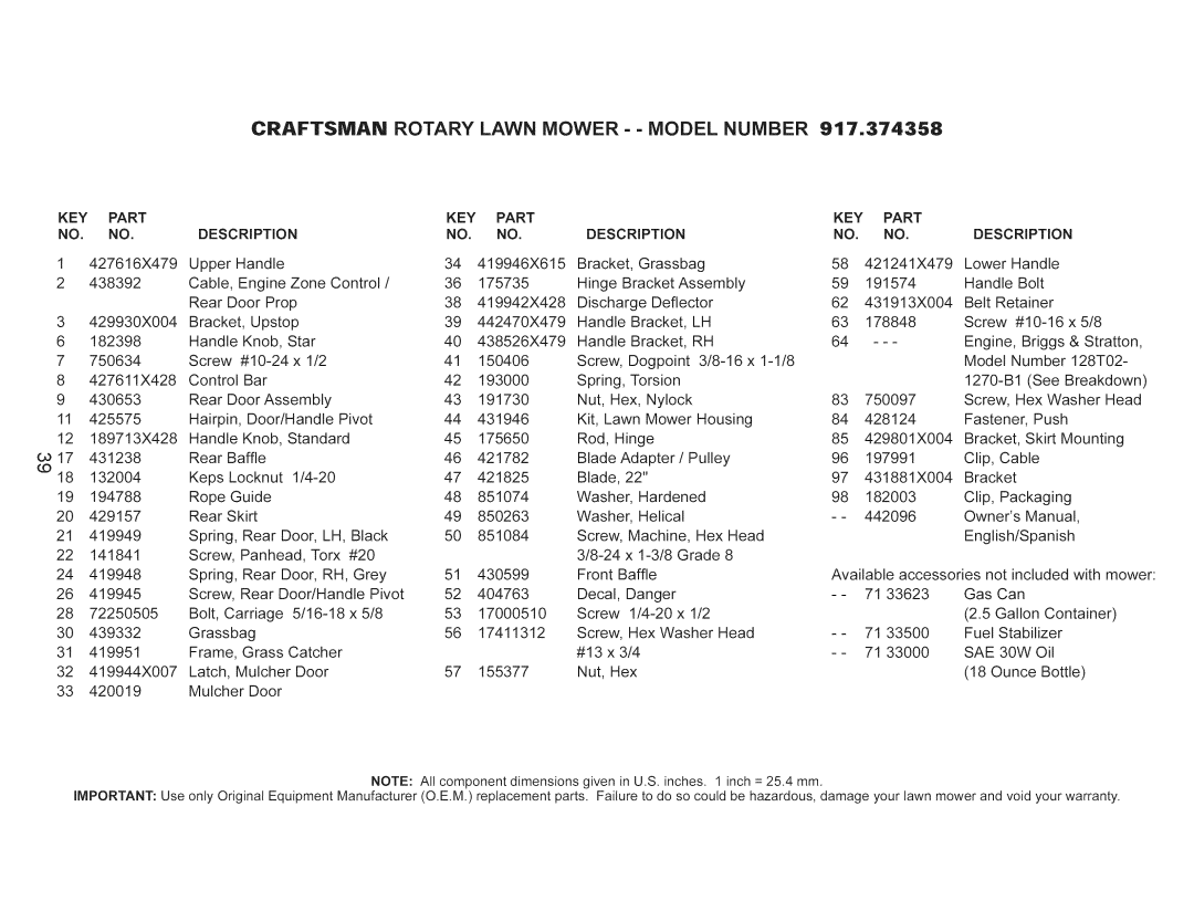 Craftsman 917.374358 owner manual Key, Part, DESCRiPTiON, SAE 30W 