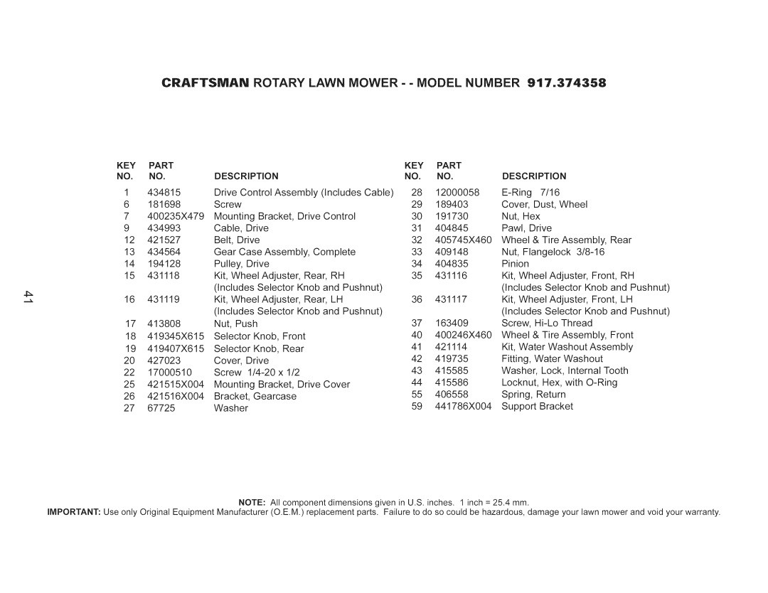 Craftsman 917.374358 owner manual KEY Part 